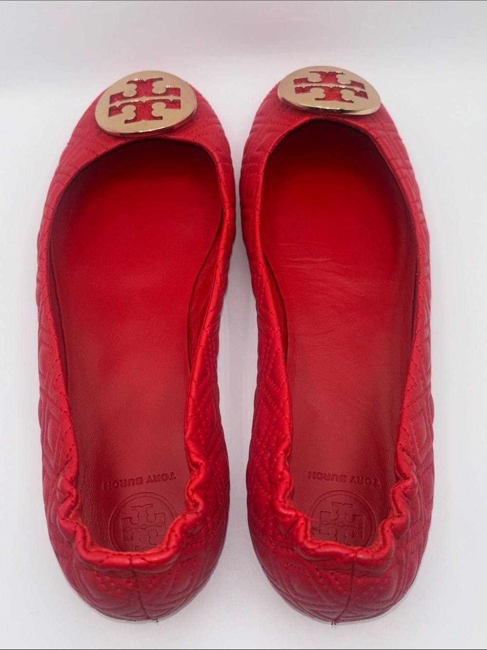 Tory Burch Red Quilted Logo Ballet Flats with Gold Emblem - Picture 6 of 10